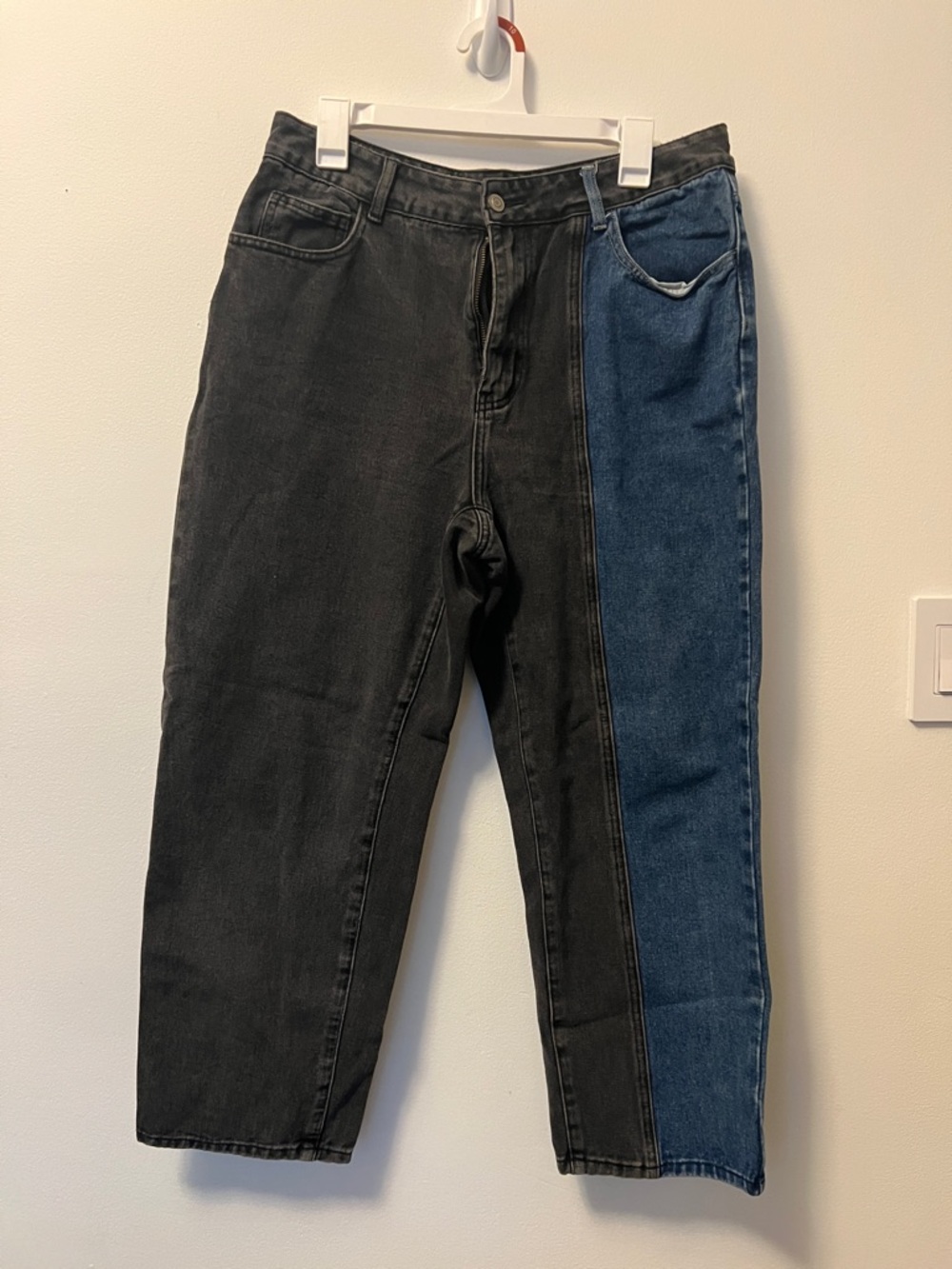 SHEIN Two-Tone Straight Leg Jeans in Black & Blue